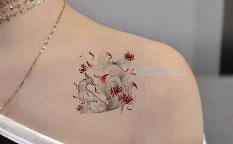 Mẫu hình xăm cửu vĩ hồ ly mini kết hợp hoa văn