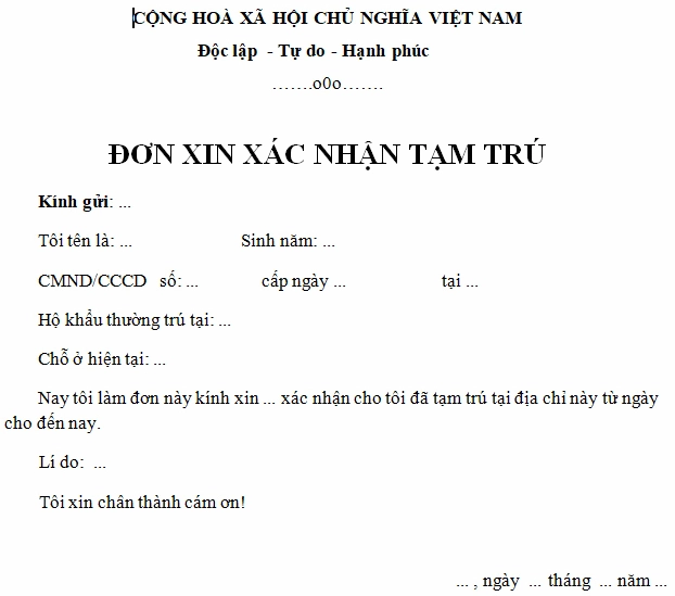 Mẫu đơn xin xác nhận tạm trú