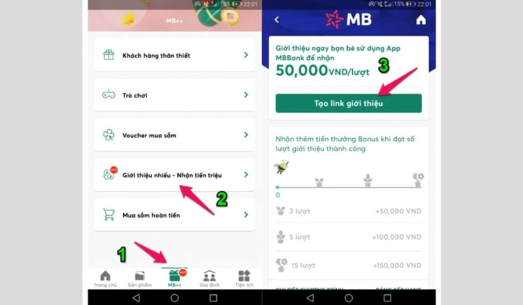 Minh họa cách lấy mã giới thiệu MB Bank