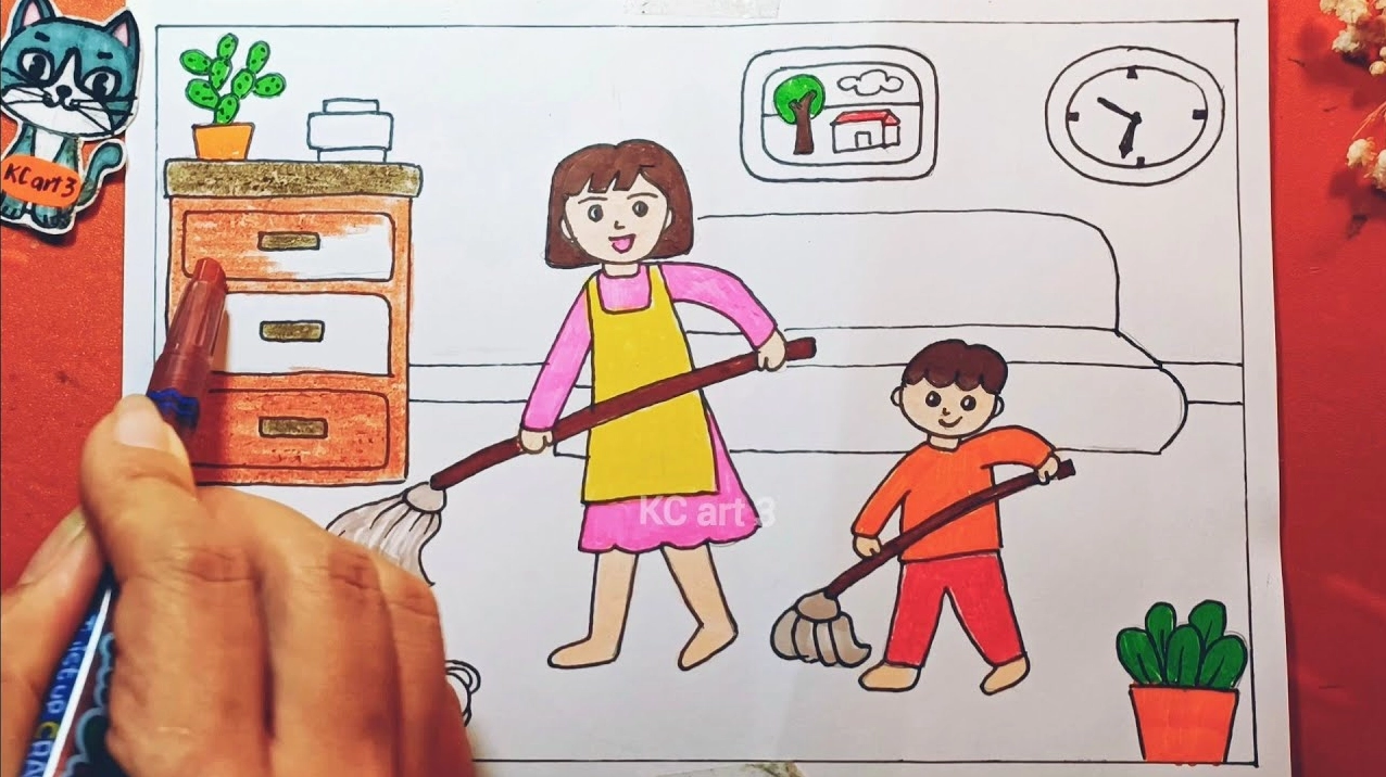 Một cô bé đang vẽ tranh sinh hoạt với nụ cười rạng rỡ