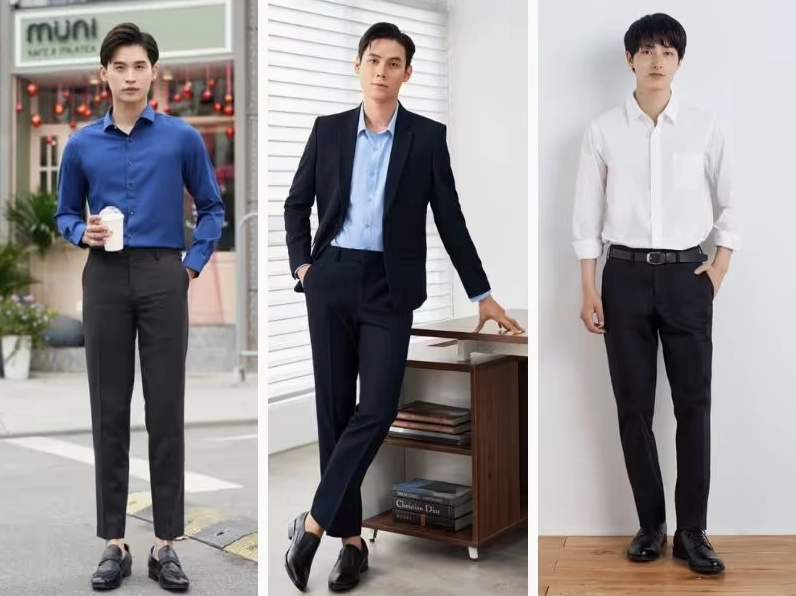 Nam giới mặc áo sơ mi trắng, quần tây và giày da theo phong cách lịch lãm