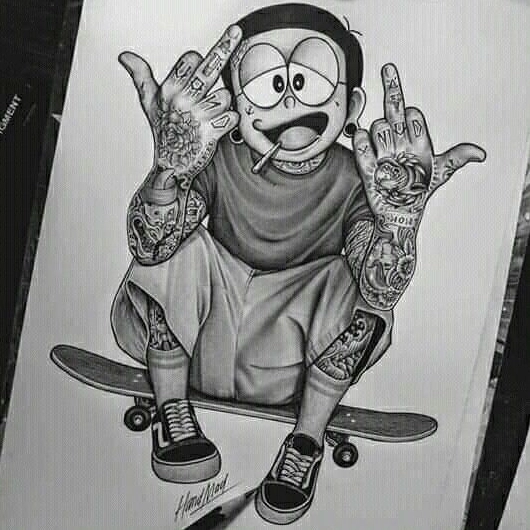 Nobita với hình xăm rồng trên cánh tay