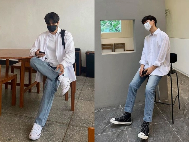 Set đồ áo sơ mi kẻ sọc và quần jean cho phong cách casual