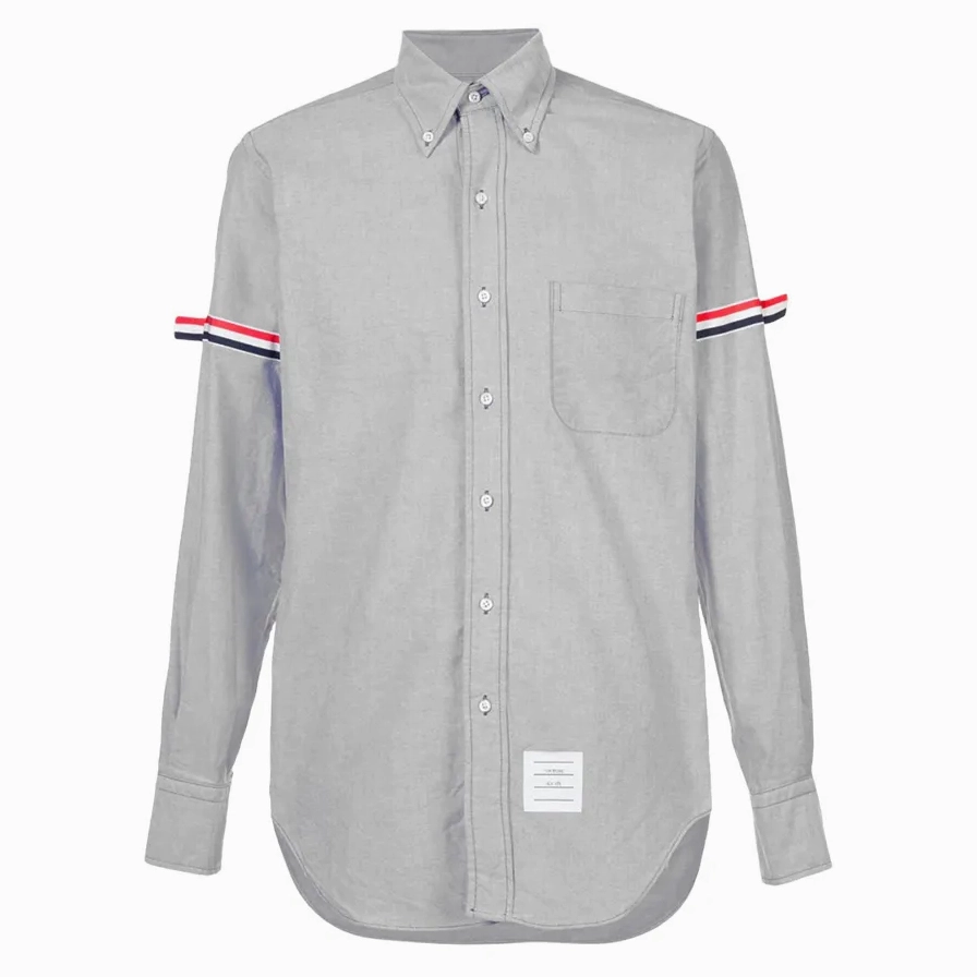 Sơ mi Thom Browne xám với chi tiết sọc đặc trưng