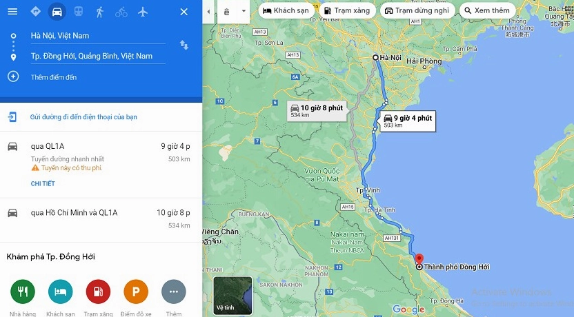 Sơ đồ di chuyển từ Hà Nội đến Đồng Hới
