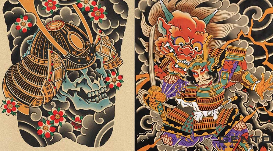 Thợ xăm đang thực hiện hình xăm samurai nhật cổ