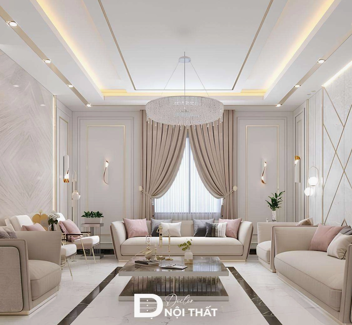 Trần thạch cao phòng khách kết hợp vật liệu gỗ tự nhiên