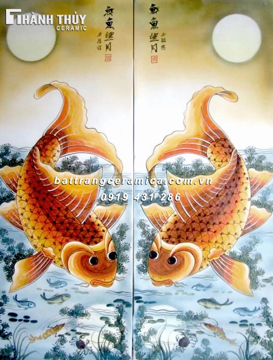 Tranh bộ cá chép trông trăng Bát Tràng