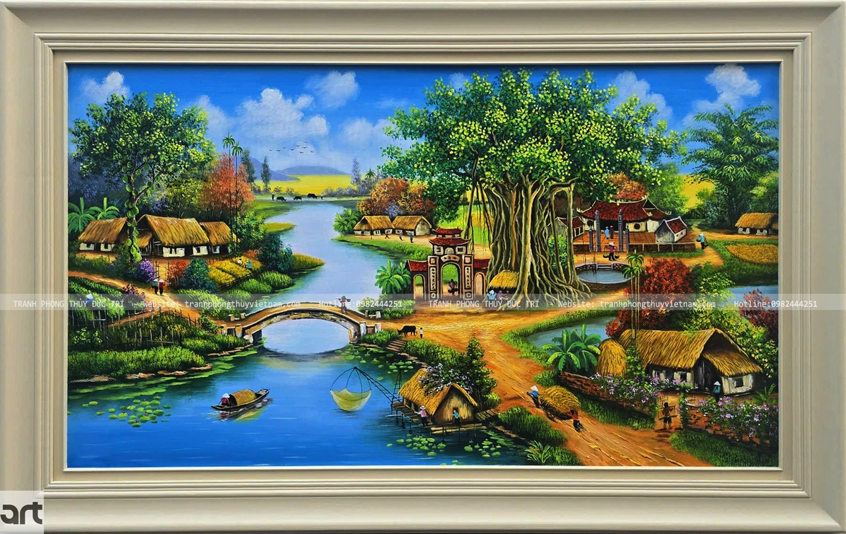 Tranh phong cảnh làng quê yên bình với cánh đồng lúa và con đường đất