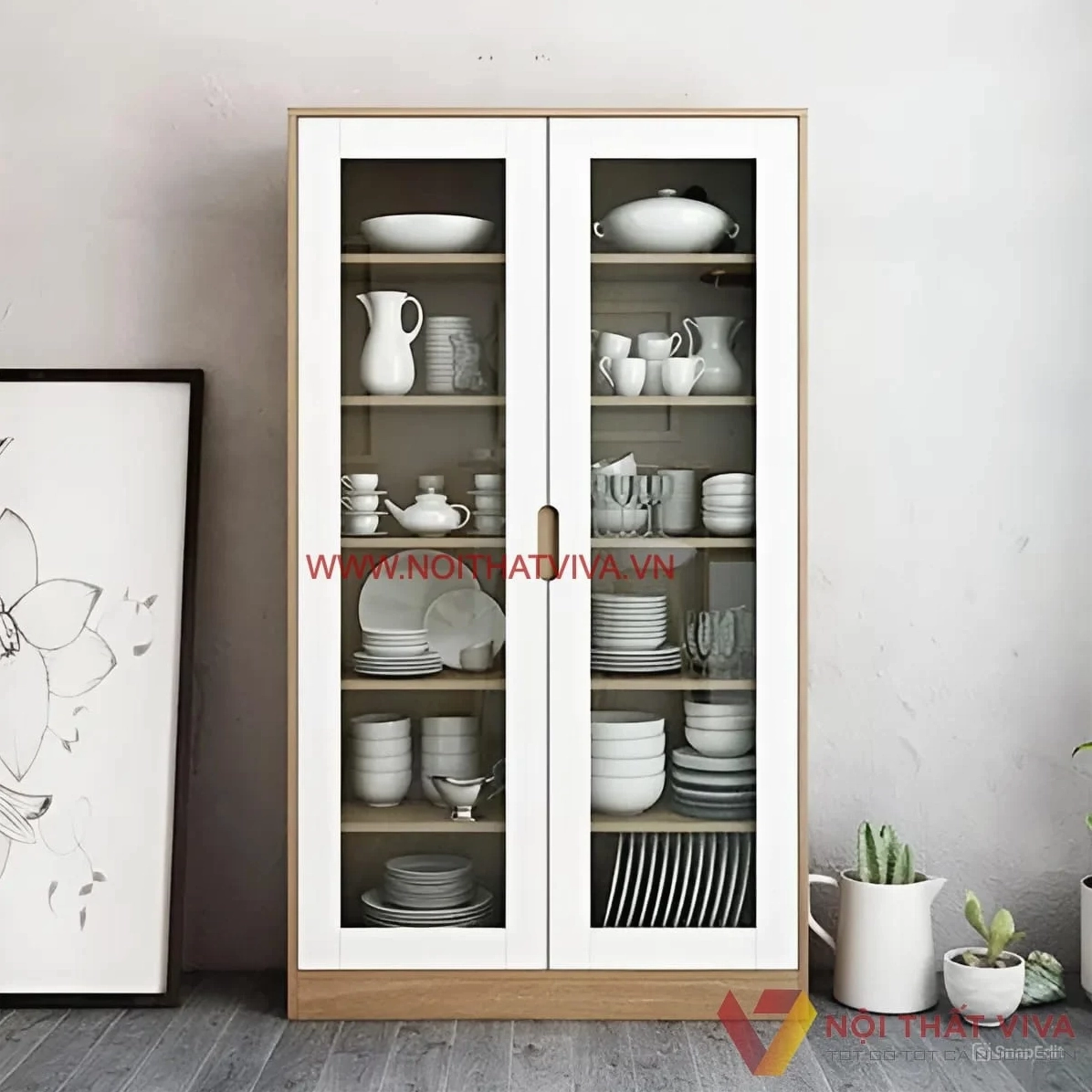 Tủ chén bát gỗ công nghiệp thiết kế hiện đại