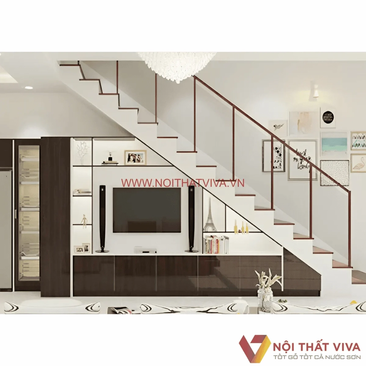 Tủ gầm cầu thang phòng khách tích hợp tủ tivi và kệ trang trí
