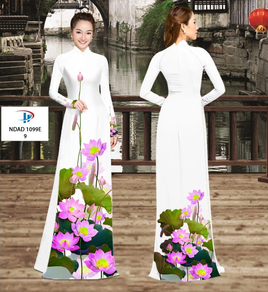 Vải áo dài với họa tiết hoa sen vẽ tay nghệ thuật