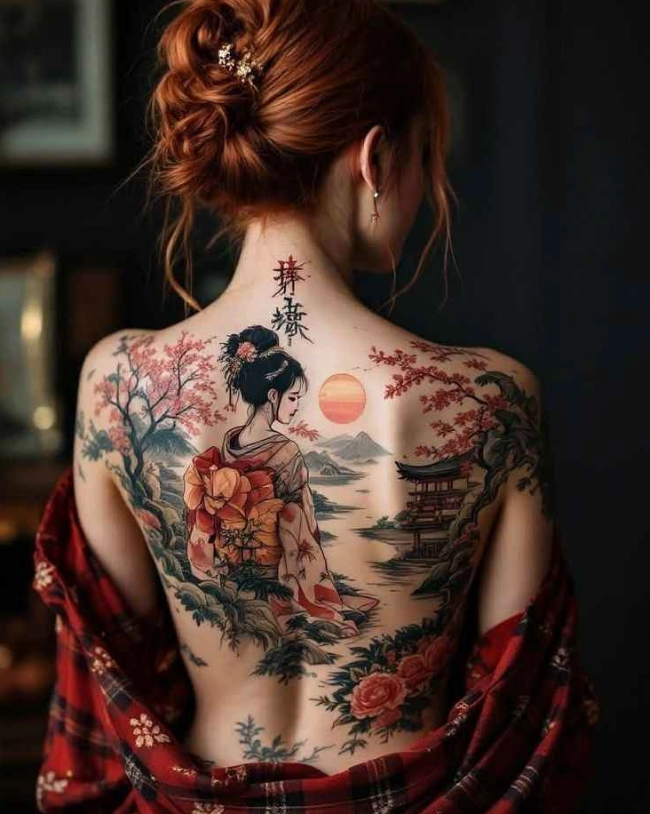 Vẻ đẹp của hình xăm full lưng nữ nhật cổ trên cơ thể